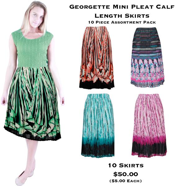 wholesale 1031 - Georgette Mini Pleat Calf Length Skirts Georgette Mini Pleat Skirts <br>
10 Piece Assortment Pack - One Size Fits Most