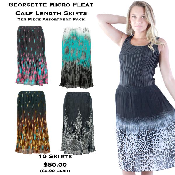 wholesale 1063 - Georgette Micro Pleat Calf Length Skirts Georgette Micro Pleat Skirts <br>
10 Piece Assortment Pack - One Size Fits Most