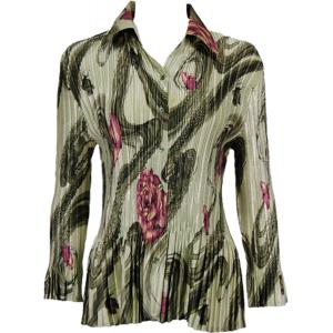 1148 - Satin Mini Pleats Blouses Multi Green Floral Satin Mini Pleat - Blouse MB - One Size Fits Most