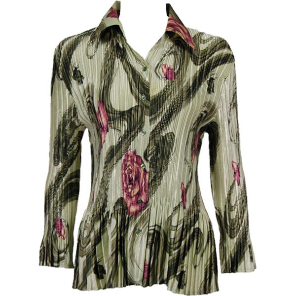 1148 - Satin Mini Pleats Blouses Multi Green Floral Satin Mini Pleat - Blouse MB - One Size Fits Most