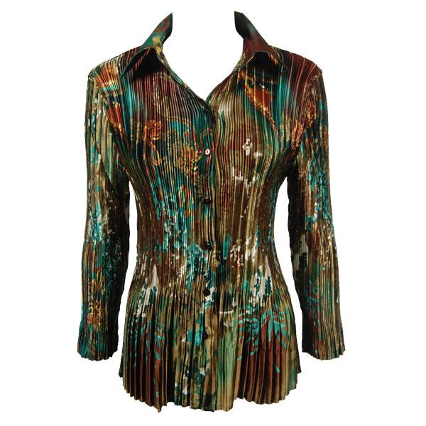 1148 - Satin Mini Pleats Blouses Abstract Lilies Copper-Teal - One Size Fits Most