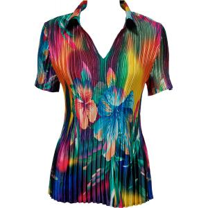 1149 - Satin Mini Pleats Half Sleeve with Collar Rainbow Hibiscus MB - One Size Fits Most