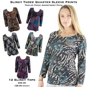 Wholesale 1175 - Slinky Travel Tops - Three Quarter Sleeve 1175 - Slinky 3/4 Sleeve Prints<br>
Twelve Piece Assortment Pack - One Size Fits Most