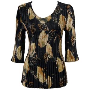 1210 - Satin Mini Pleat 3/4 Sleeve V-Neck Black with Gold Leaves MB - One Size Fits Most