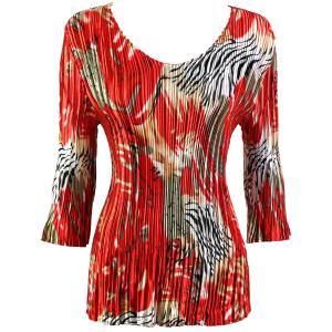 1210 - Satin Mini Pleat 3/4 Sleeve V-Neck Abstract Zebra Red-Tan MB - One Size Fits Most