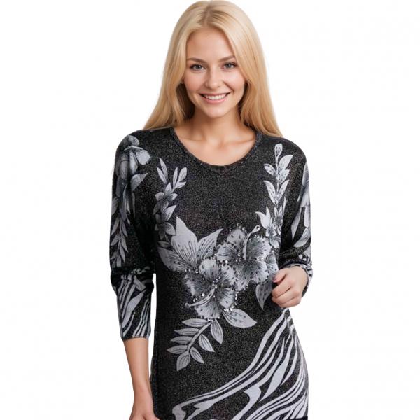 wholesale 1227 - Sequined Long Sleeve Tops #067<br>
Zebra Metallic Floral - Black-Silver - One Size Fits Medium to Large