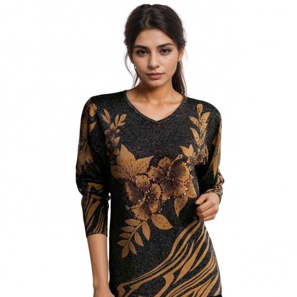 wholesale 1227 - Sequined Long Sleeve Tops #065<BR>Zebra Metallic Floral - Black-Gold MB - One Size Fits Medium to Large