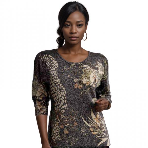 wholesale 1227 - Sequined Long Sleeve Tops #035<br>Giraffe Metallic Floral - Black-Tan - One Size Fits Medium to Large