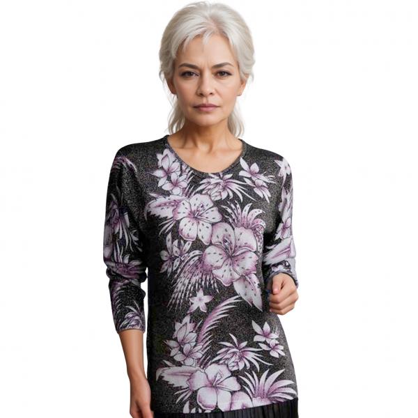 wholesale 1227 - Sequined Long Sleeve Tops #059<br>
Tropical Floral Metallic - Black-Purple - One Size Fits Medium to Large