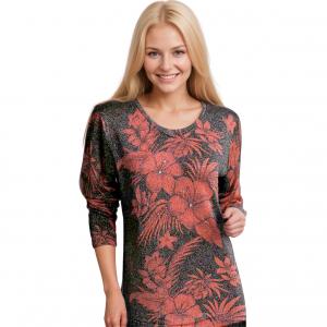 1227 - Sequined Long Sleeve Tops #060<BR>
Tropical Floral Metallic - Black-Red - One Size Fits Medium to Large