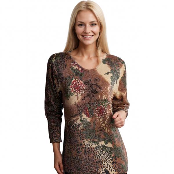 wholesale 1227 - Sequined Long Sleeve Tops #053<br>Stencil Metallic Floral - Brown-Tan - One Size Fits Medium to Large