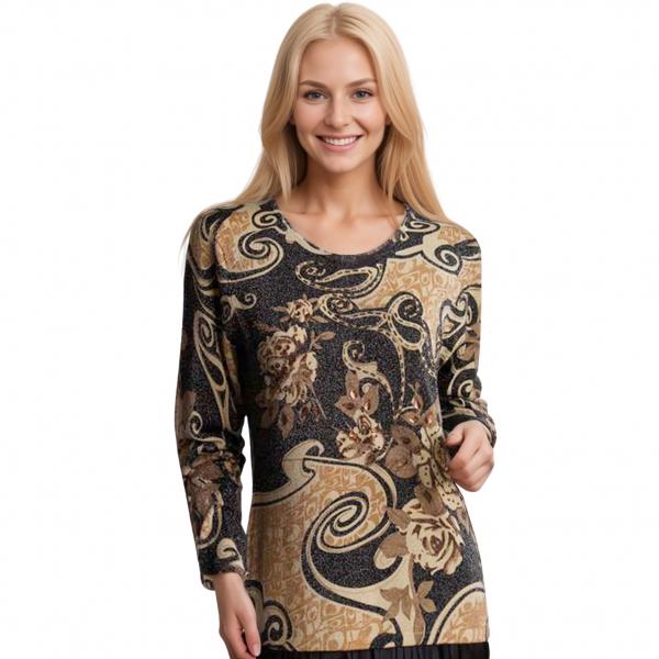 wholesale 1227 - Sequined Long Sleeve Tops #057<br>Swirl Metallic Floral - Black-Tan - One Size Fits Medium to Large