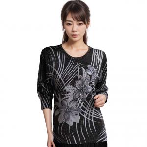 1227 - Sequined Long Sleeve Tops #009<br>
Brushstrokes Metallic Floral - Black-Silver MB - One Size Fits Medium to Large