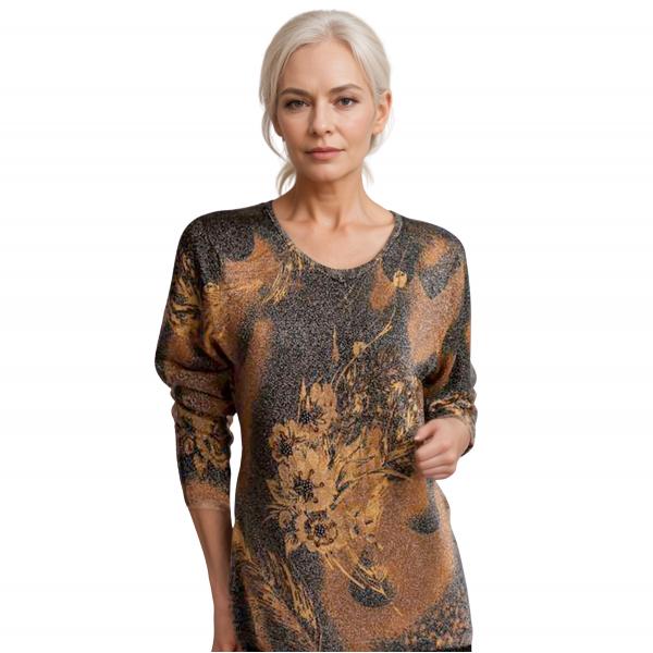 wholesale 1227 - Sequined Long Sleeve Tops #023<br>
Feathers Metallic Floral - Black-Gold - One Size Fits Medium to Large