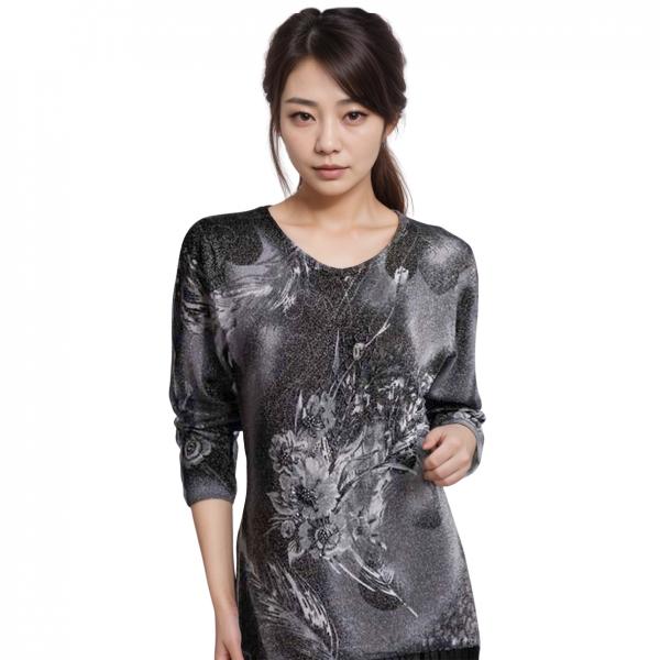 wholesale 1227 - Sequined Long Sleeve Tops #024<br>
Feathers Metallic Floral - Black-Silver MB - One Size Fits Medium to Large