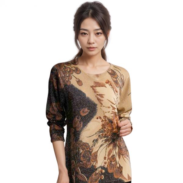 wholesale 1227 - Sequined Long Sleeve Tops #045<br>
Peacock Feathers Metallic Floral - Black-Tan - One Size Fits Medium to Large