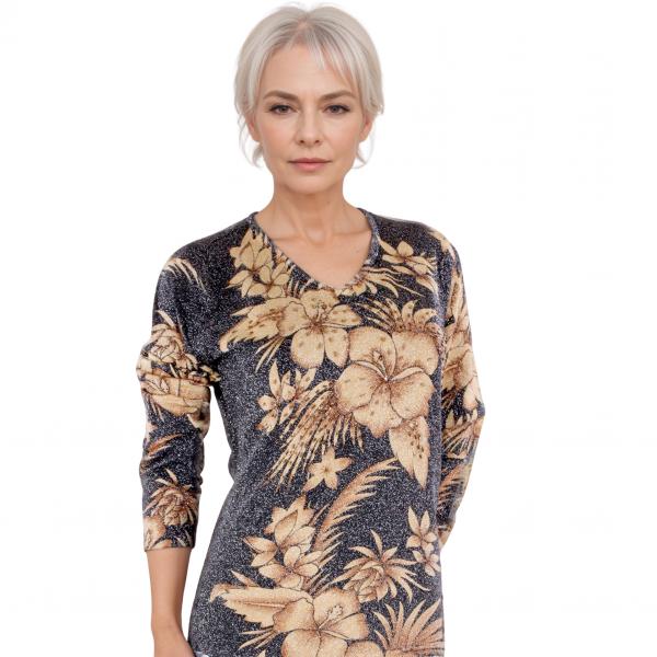 wholesale 1227 - Sequined Long Sleeve Tops #058<br>
Tropical Floral Metallic - Black-Gold - One Size Fits Medium to Large