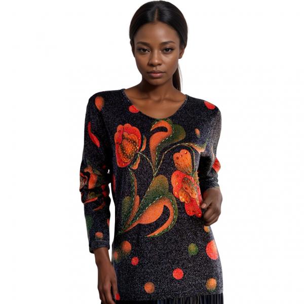 wholesale 1227 - Sequined Long Sleeve Tops #030<br> Flowers and Dots Metallic - Black-Orange MB - One Size Fits Medium to Large