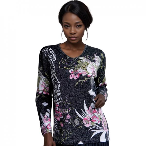 wholesale 1227 - Sequined Long Sleeve Tops #033<BR> Giraffe Metallic Floral - Black-Pink MB - One Size Fits Medium to Large