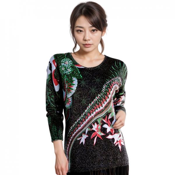 wholesale 1227 - Sequined Long Sleeve Tops #042 <br>Oriental Metallic Floral - Black-Green-Red MB - One Size Fits Medium to Large