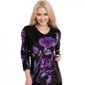 1227 - Sequined Long Sleeve Tops #047<br>Rose Metallic Floral - Black-Purple - One Size Fits Medium to Large