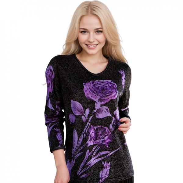 wholesale 1227 - Sequined Long Sleeve Tops #047<br>Rose Metallic Floral - Black-Purple - One Size Fits Medium to Large