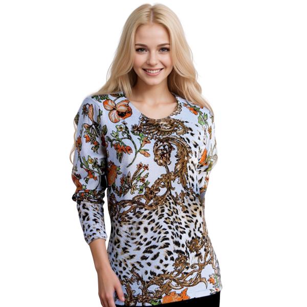 wholesale 1227 - Sequined Long Sleeve Tops #040<br>
Leopard and Vines Metallic - White-Tan - One Size Fits Medium to Large