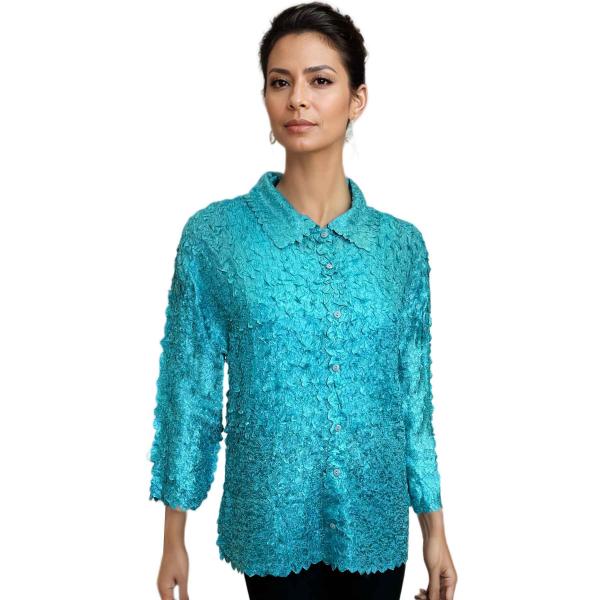 1258 - Petal Button Front Blouses Solid Turquoise - One Size (M/L)