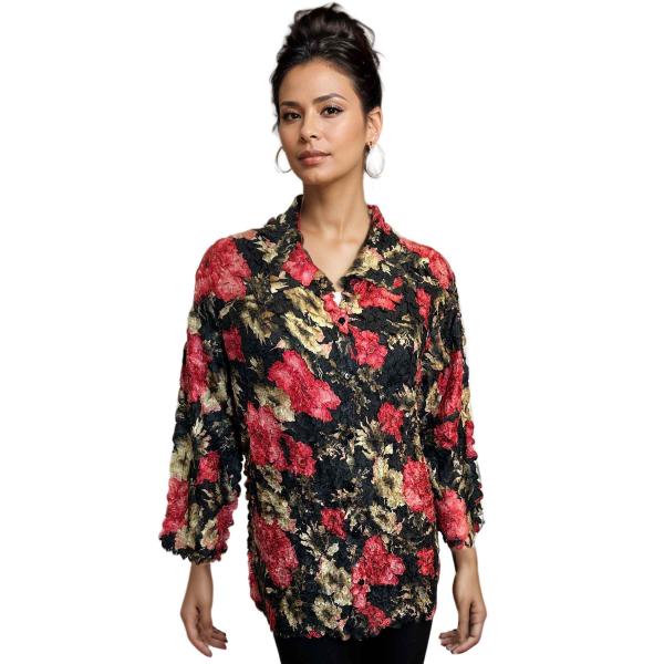 1258 - Petal Button Front Blouses Coral Blossoms on Black - One Size (M/L)