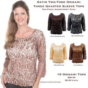 Wholesale 1329 - Satin Origami Three Quarter Sleeve Tops 1329 - Ten Piece Assortment Pack<br>
Satin Two-Tone Origami 3/4 Sleeve - One Size Fits Most