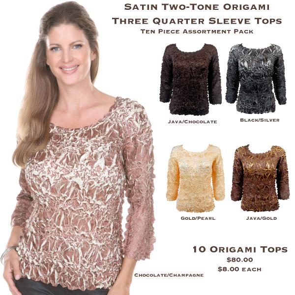 wholesale 1329 - Satin Origami Three Quarter Sleeve Tops 1329 - Ten Piece Assortment Pack<br>
Satin Two-Tone Origami 3/4 Sleeve - One Size Fits Most