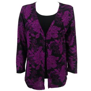 1330 - Mock Cardigan - Slinky Travel Tops  Floral Purple on Black - Black - One Size Fits Most