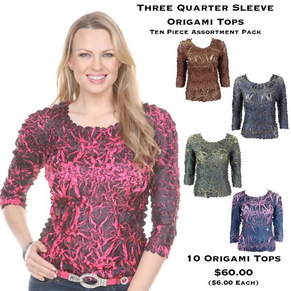 Wholesale For Fairs, Festivals & Flea Markets  Origami Tops - Three Quarter Sleeve<br>
10 Piece Assortment Pack - 10 Pack (S/M:5,L/XL:5)