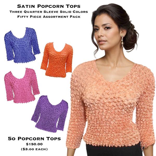 Wholesale For Fairs, Festivals & Flea Markets  Satin Popcorn Tops - 3/4 Sleeve<br>
50 Piece Assortment Pack - One Size Fits Most