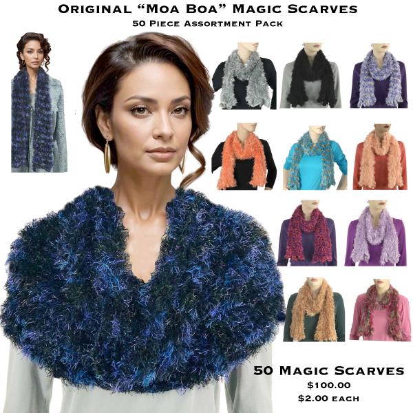 Wholesale For Fairs, Festivals & Flea Markets  Magic Scarves - Moa Boa <br>
50 Piece Assortment Pack - One Size Fits All