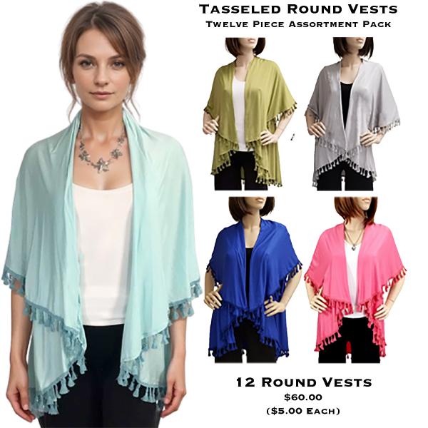 Wholesale For Fairs, Festivals & Flea Markets  Tasseled Round Vests<br>
12 Piece Assortment Pack - One Size Fits Most