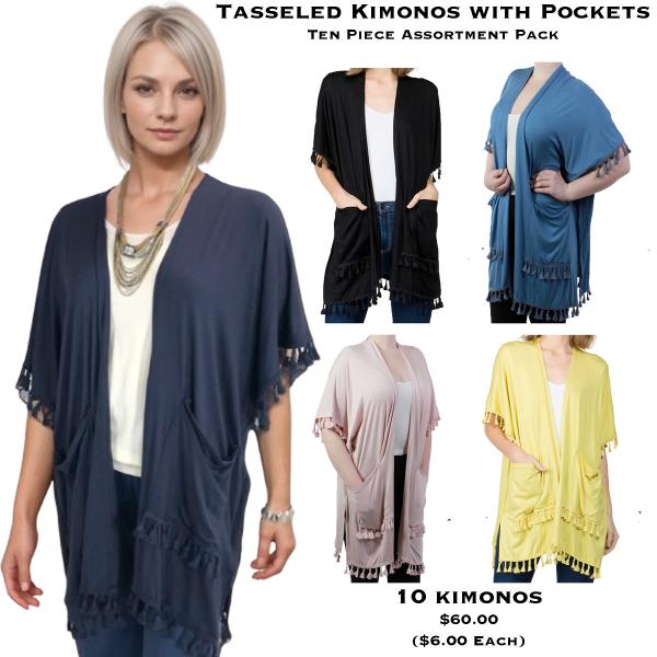 Wholesale For Fairs, Festivals & Flea Markets  Tasseled Kimonos with Pockets <br>
10 Piece Assortment Pack - One Size Fits Most