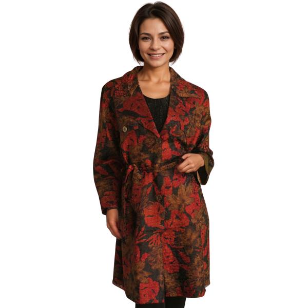 Wholesale 1362 - Satin Crushed Trench Coat w/ Belt P01<br>Floral - Red-Black-Taupe - S