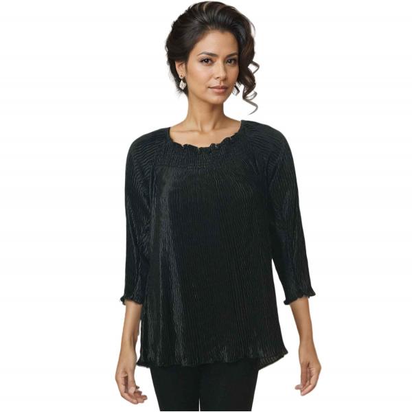 Wholesale 1591 - Wave Satin Mini Pleats - 3/4 Sleeve* Solid Black Wave Satin Mini Pleat - Three Quarter Sleeve - One Size Fits All