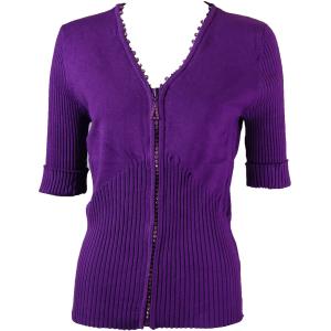 1729 - Diamond Crystal Zipper Half Sleeve Top Purple MB - One Size Fits  Most