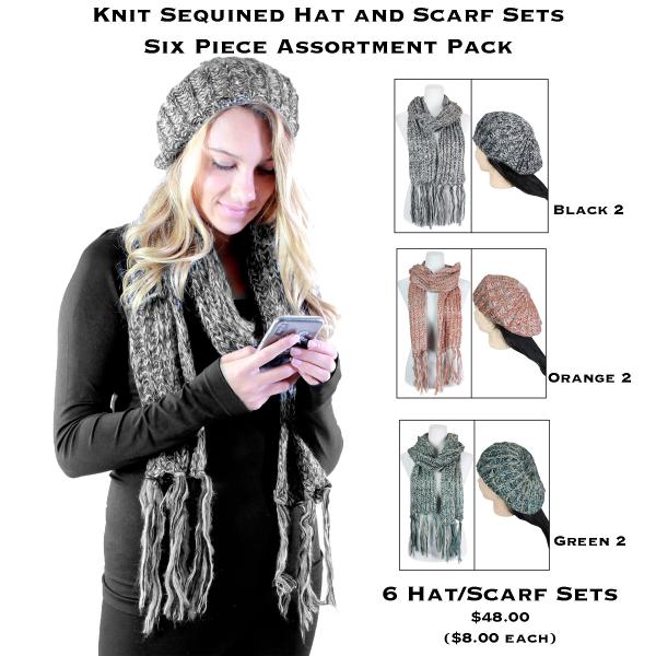 wholesale 5007 - Knit Sequined Hat and Scarf Sets Six Piece Assortment Pack <br>Sequined Scarf and Hat Set - One Size Fits All