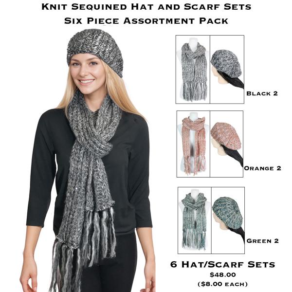 wholesale 5007 - Knit Sequined Hats and Scarves  Six Piece Assortment Pack <br>Sequined Scarf and Hat Set - One Size Fits All