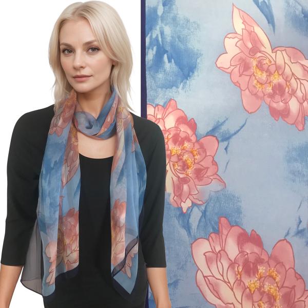 wholesale Silky Dress Scarves - 1909 1909 - 125/2 <br>Blue/Peach Floral - 