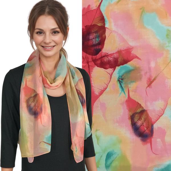 wholesale 1909 - Silky Dress Scarves  A006/05<BR>Leaves Coral Multi - 18