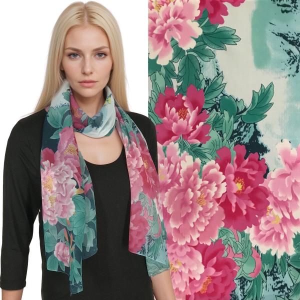 wholesale 1909 - Silky Dress Scarves  FL02/02<BR>Floral Teal/Pink - 18