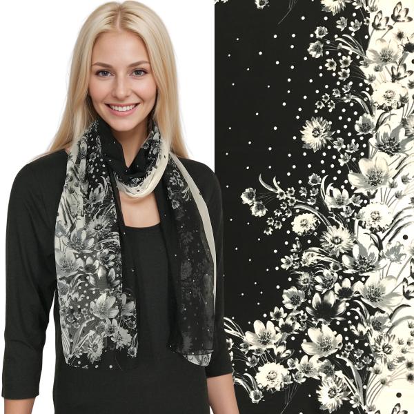 wholesale 1909 - Silky Dress Scarves  015/11<BR>Floral Black/White - 18