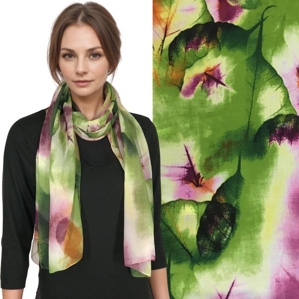 wholesale 1909 - Silky Dress Scarves  A006/03<br>Leaves Green/Pink  - 18