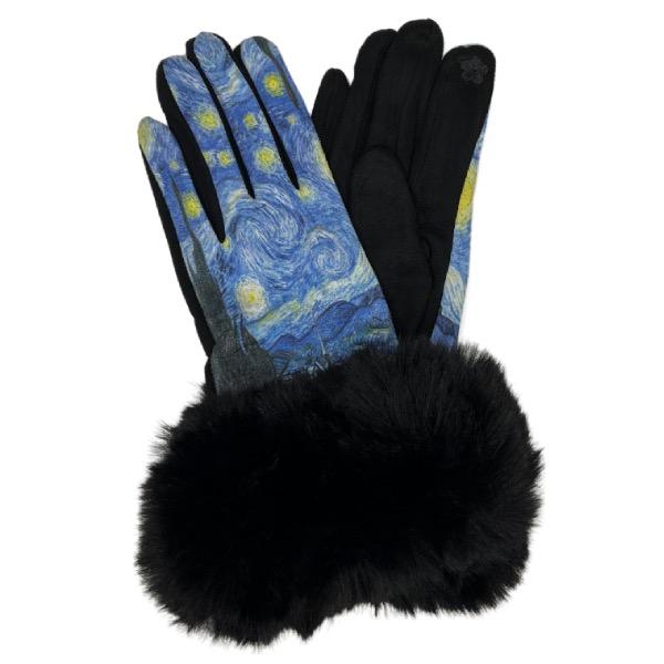 wholesale 2390 - Touch Screen Smart Gloves Art 01 <br>
Fur Trimmed Art Design Touch Screen Gloves
 - One Size Fits Most