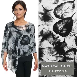 2451 - Silky Two Button Shawl  129BK Shell Buttons<br>White-Black Leaves  - 