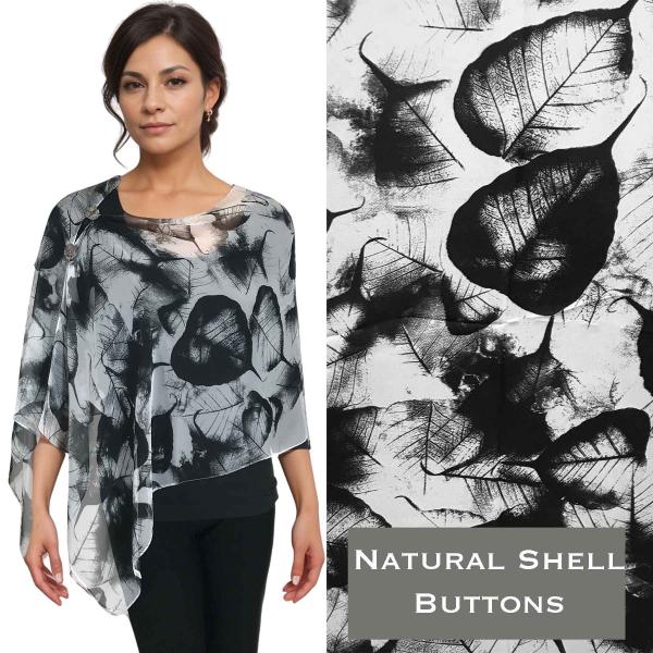 wholesale 2451 - Silky Two Button Shawl  129BK Shell Buttons<br>White-Black Leaves  - 